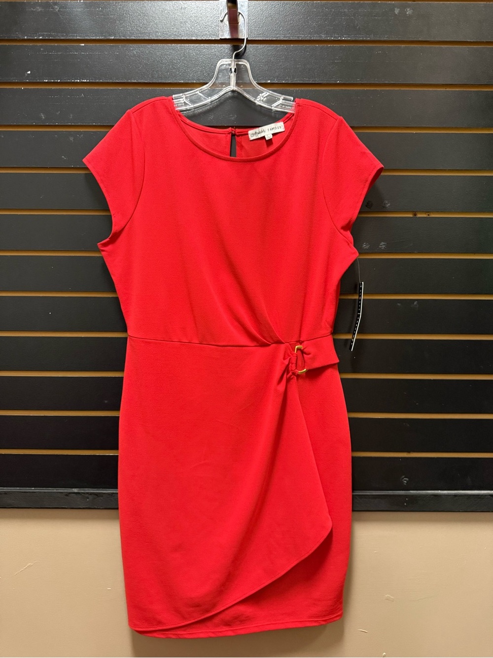 Absolutely Famous Red Faux Wrap Sheath Dress Gold Buckle Accent Size L NWT